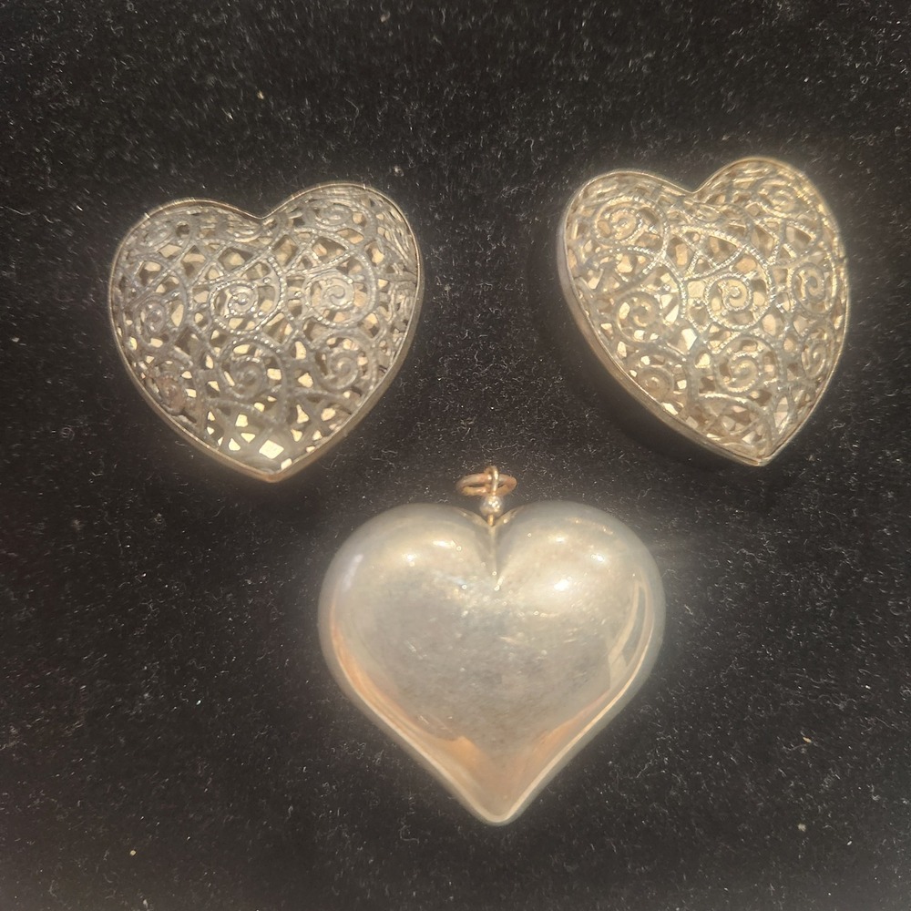 Heart Vintage Clip On Earrings Pendant Set Ornate Filigree Design‎ Silver Tone